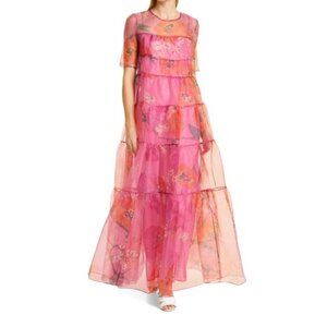 STAUD Pink and Orange Tiered Ruffled Gown